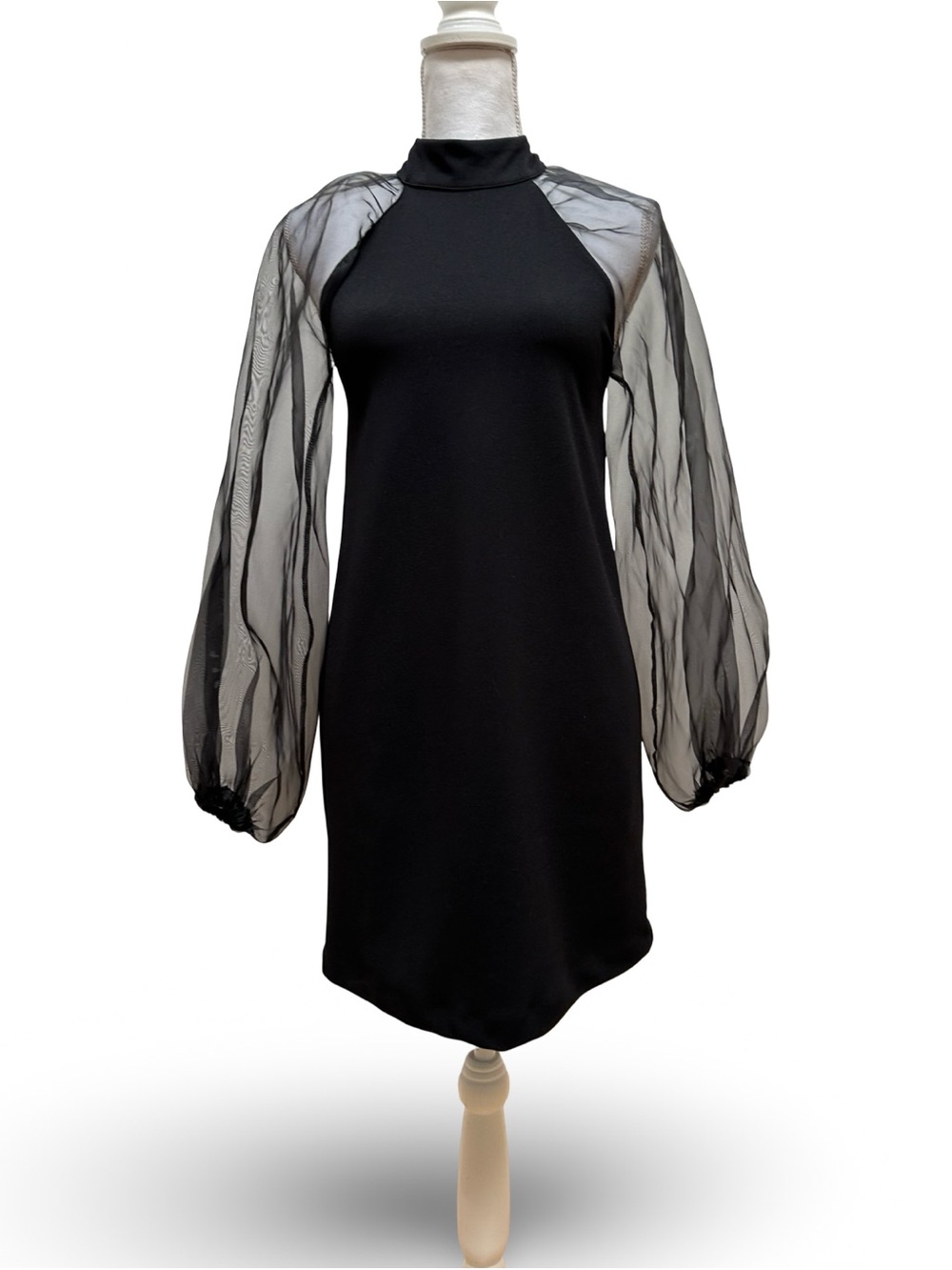 Zara Black High Neck‎ Mini Dress with Sheer Organza Puff Sleeves - Size S NWT